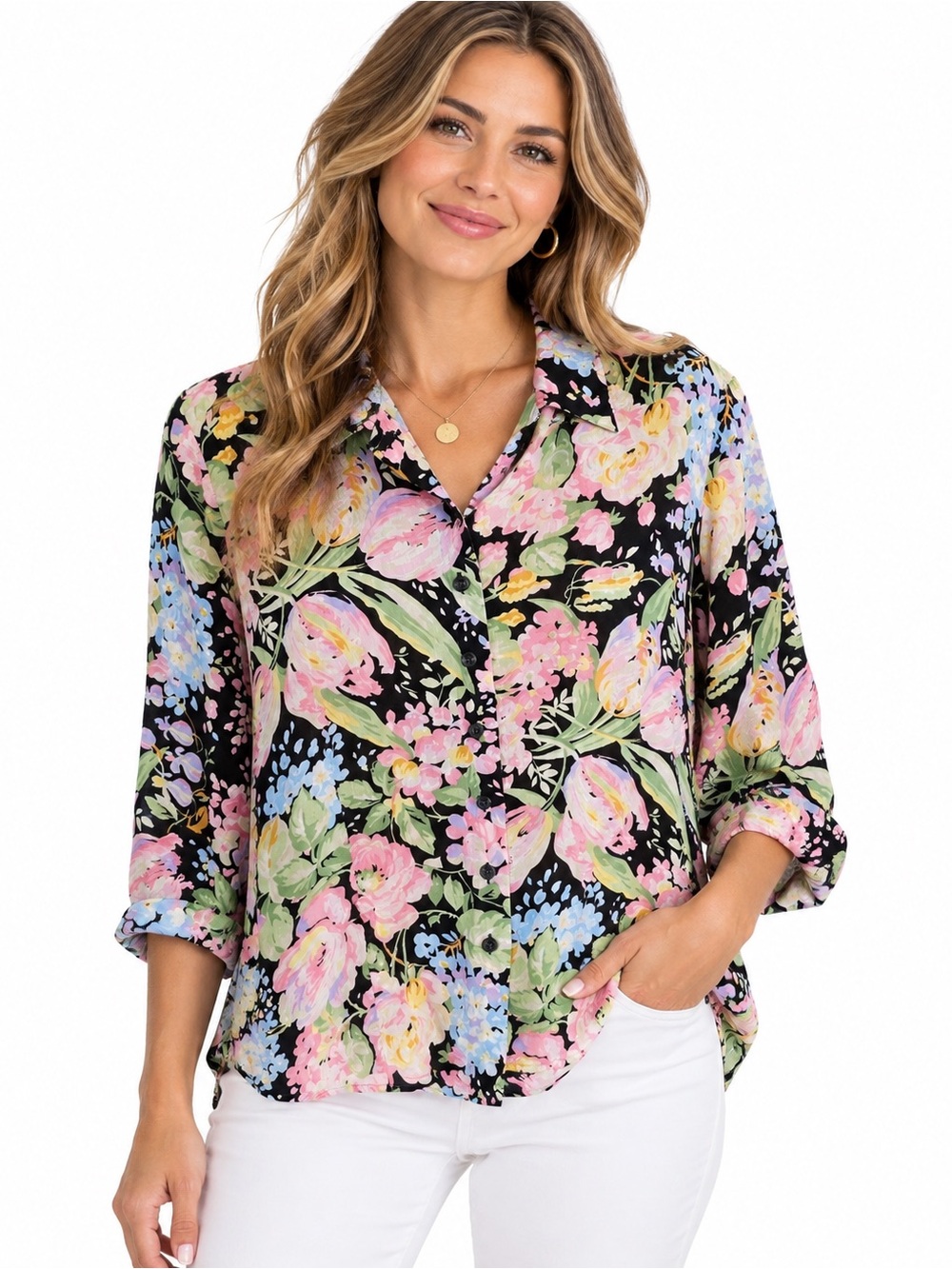 Jones NY Sport Rayon Floral Button Front Blouse 6 Botanical Garden Cottagecore